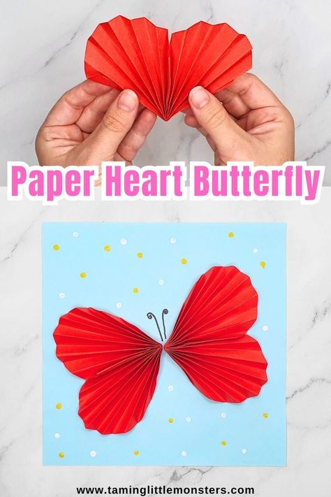 Easy Butterfly Paper Heart Craft for Kids.    This easy art and craft activity is perfect for a Spring or Valentine's Day activity.    #spring #valentine #artsandcrafts #preschool #kindergarten 3d Butterfly Craft Preschool, Heart Crafts For Kids, Butterfly Crafts Preschool, Hearts Paper Crafts, Butterflies Activities, Caterpillar Craft, Art And Craft Videos, Easy Arts And Crafts, Light Crafts