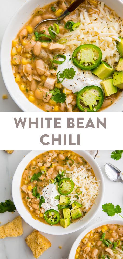 This white bean chili is just perfect! It's absolutely loaded with flavor, easy to make, creamy, and super filling. It's healthy and really the best white bean chili out there! Made with chicken, chiles, white beans, and corn, it's a must for your fall and tailgating recipes rotation! #chili #tailgating #chickenrecipes #fallrecipes Recipes With Canelli Beans, Dry White Bean Recipes, Chicken White Bean Chili, White Bean Chili Vegetarian, White Bean Chili Recipe, Delicious Chili Recipe, Chili Recipe Healthy, White Bean Recipes, Beans And Corn