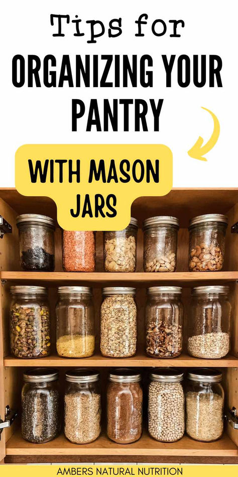 3 organized kitchen cupboard shelves with mason jars full of dried foods for storage. Kitchen Organization Mason Jars, Canned Jar Storage, Repurpose Mason Jars, Mason Jar Kitchen Storage, Mason Jar Spice Storage, Storage Jars Ideas, Mason Jar Pantry Storage, Mason Jar Pantry, Mason Jar Spice Rack