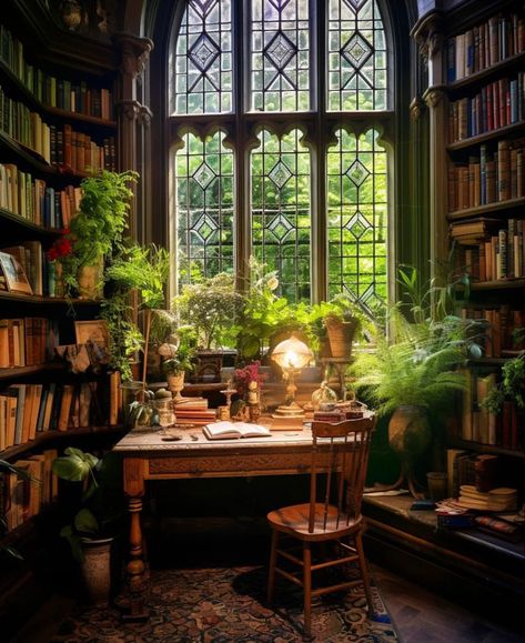 Gothic Plants, Witch Library, Dream Home Library, Relax House, Hall House, Dream Bedroom Inspiration, Library Aesthetic, Library Office, House Blend