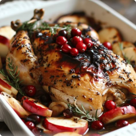 Learn how to make Apple & Cranberry Roasted Chicken with our easy recipe. A flavorful dish perfect for fall dinners and holiday gatherings Roasted Chicken Recipe, Chicken Whole, Apple Chicken, Fall Dinners, Glazed Pork Chops, Roasted Apples, Chicken Roasted, Whole Chicken Recipes, Whole Roasted Chicken