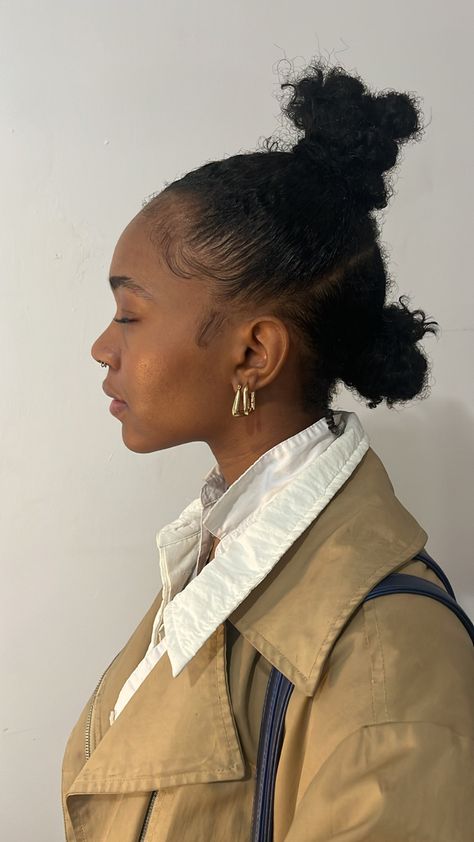 Funky Natural Hairstyles, Low Poofy Ponytail Natural Hair, Space Buns Outfit Fall, 3 Bun Mohawk Natural Hair, Issa Dee Hairstyles, 4c Space Buns, Natural Hair High Ponytail, Fun Natural Hairstyles, Fancy Natural Hairstyles