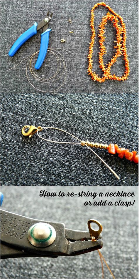 How To Add A Clasp To A Necklace, Necklace Tutorials Step By Step, Stringing Necklaces Diy Jewelry, How To Attach Clasps To A Necklace, How To Clasp A Necklace, How To End A Necklace Jewelry Making, How To Make A Pearl Necklace Tutorials, How To Close A Necklace Diy Jewelry, How To Make A Bracelet With A Clasp