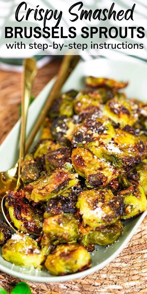 These smashed Brussels sprouts are super crispy with caramelized edges and topped with parmesan cheese. Learn how to make this fantastic side dish using just 5 easy ingredients. You can serve them as a side dish or even as a main meal by dipping them in a tasty sauce. I'm sure everyone will love these crispy Brussels sprouts! Brussel Sprout Side Dish, Best Brussel Sprout Recipe, Brussel Sprouts Appetizer, Smashed Brussels Sprouts, Brussel Sprouts Recipes Easy, Baked Brussel Sprouts, Crispy Brussels Sprouts, Cooking Brussel Sprouts, Brussel Sprout Recipes Roasted