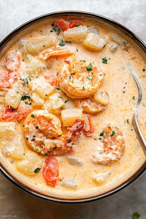 Creamy Shrimp Soup Recipes, Creamy Shrimp Soup, Shrimp And Potatoes, Potato Shrimp, Soup Shrimp, Shrimp Soup Recipes, Potted Shrimp, Creamy Shrimp, Shrimp Soup