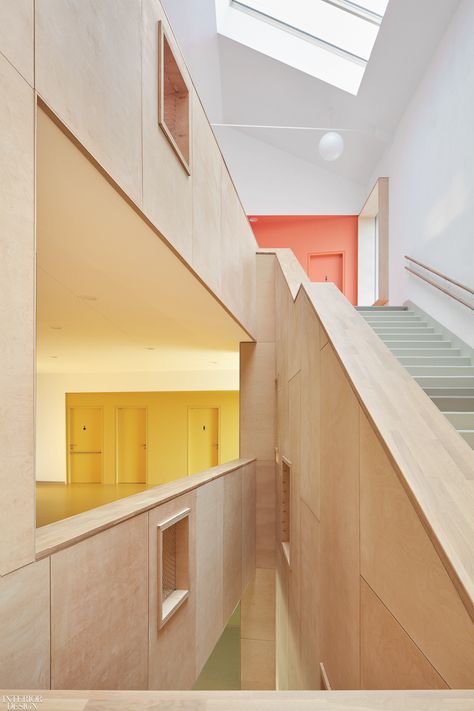 Elementary School Outside Prague by SOA Architekti Celebrates Learning, Community, and Passive Architecture Architecture Elementary School, Elementary School Design, School Outside, School Interior, Wood Cladding, Concrete Building, White Building, Built In Furniture, Stavanger