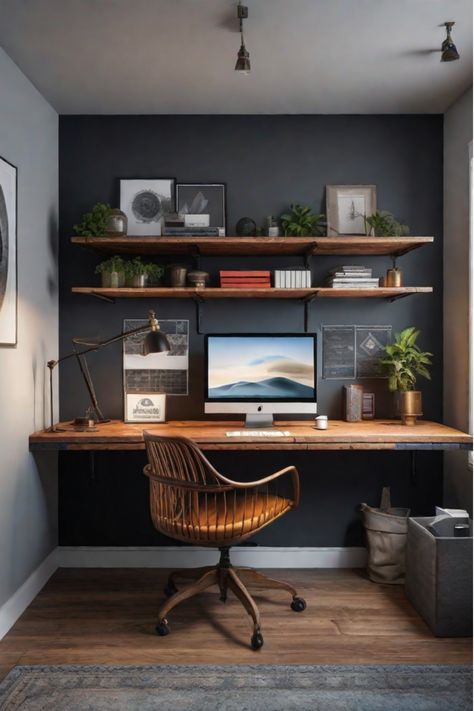 Creative apartment workspace with DIY desk and painted file cabinets Small Office Remodel Ideas, Shelving Over Desk, Office With Floating Desk, Office Desk Diy Ideas, Diy Basement Office, Budget Office Makeover, How To Make A Desk Diy, Floating Gaming Desk, Work Desk In Bedroom