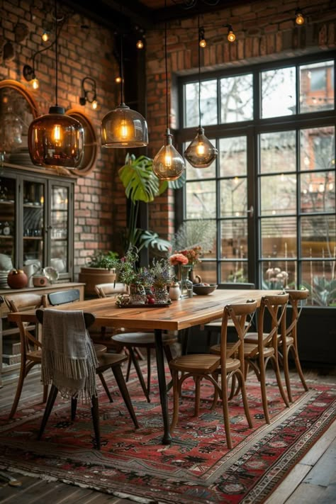 Cafe Dining Room Ideas, Bohemian Style Restaurant, Eclectic Industrial Decor, Boho Industrial Decor, Bistro Kitchen Ideas, Boho Cafe, Eclectic Cafe, Boho Dining Table, Industrial Coffee Shop