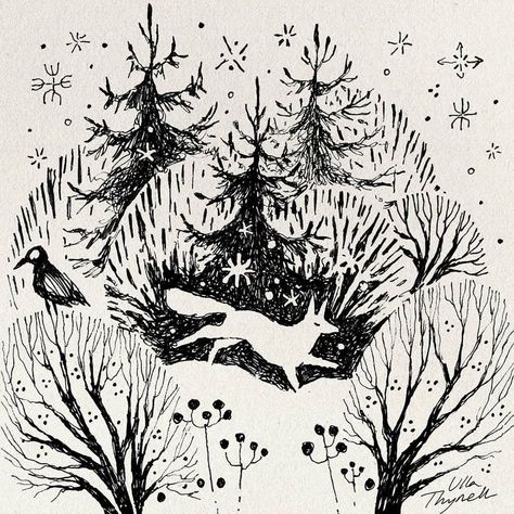 Ulla Thynell shared a photo on Instagram: “❄️✨” • See 1,192 photos and videos on their profile. Ulla Thynell, Forest Drawing, Christmas Card Art, Lino Print, Funky Art, Dia De Muertos, Ink Art, Christmas Art, Linocut