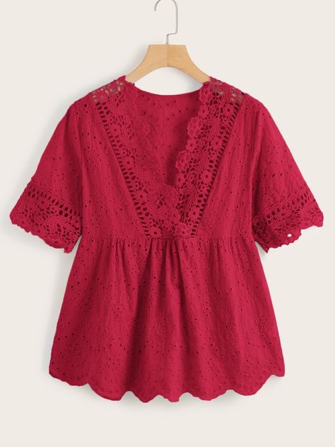 Eyelet Embroidery Scallop Trim Peplum Blouse | SHEIN Fotua Design, Alia Cut, Western Top, Women Blouses Fashion, Eyelet Embroidery, Fashion Tops Blouse, Scallop Trim, Trendy Fashion Tops, Quick Outfits