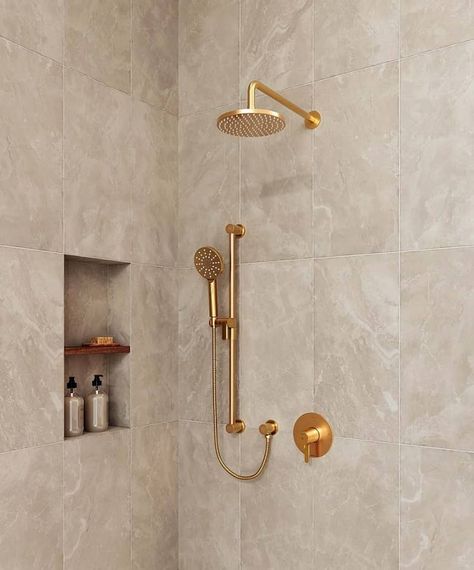 Riobel KIT323NBBG Nibi Brushed Gold 2-Way Shower Kit With Hand Shower Walk In Shower Gold Fixtures, Shower Base With Seat, Gold Shower Fixtures, Bathroom Console, Wall Mount Faucet Bathroom, Gold Shower, Shower Fixtures, Gold Fixtures, Single Handle Bathroom Faucet