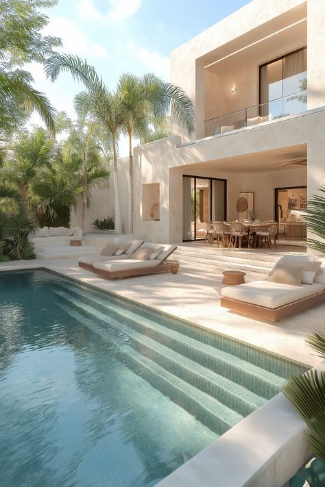 Zen-inspired minimalist villa interior with a harmonious blend of pale blue and beige, featuring clean lines and natural textures. Modern House By The Beach, Vila With Pool, House In Portugal, Tropical Mansion Exterior, Tulum Inspired Home, Pool And Spa Design Backyards, Modern Mediterranean Pool, Swimming Pool In House, Home Pool Ideas Backyards