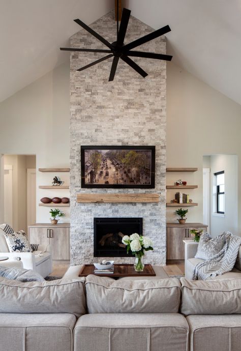 Modern Farmhouse Fireplace, Tv Above Fireplace, Tv Over Fireplace, Tall Fireplace, Vaulted Ceiling Living Room, Retirement House, Living Tv, Fireplace Tv Wall, Linear Fireplace