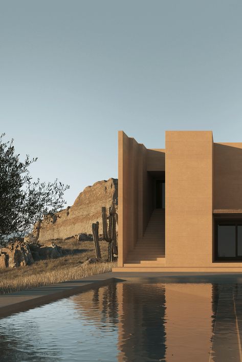 𝐏𝐇𝐀𝐍 𝐑𝐀𝐍𝐆 𝐇𝐎𝐔𝐒𝐄 | HOUSE IN DESERT :: Behance House In Desert, Desert Homes, Architecture Landscape, Stone House, Landscape Design, Entrance, Dubai, Villa, Architecture