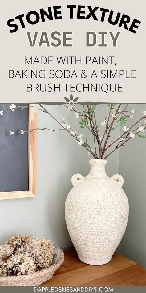 It's easy to texturize a vase with a faux stone finish. All you need is the right technique and a bit of paint and baking soda. Click into the post for details and follow along for more DIY ideas. Paint Vases With Baking Soda, Paint Baking Soda Vase, Diy Painted Vases With Baking Soda, Texture Vase Diy, Faux Stone Vase Diy, How To Paint A Vase To Look Like Stone, Faux Stone Painting Technique, Paint And Baking Soda Vases, Baking Soda Paint Vase