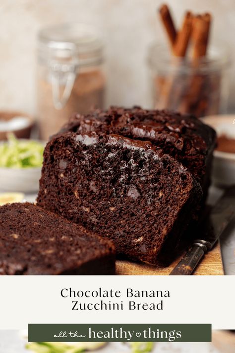 This Chocolate Banana Zucchini Bread recipe is the perfect way to use up all of that summer zucchini! It's a rich double chocolate bread, made with both cocoa powder and chocolate chips, and comes together in one bowl for a quick and easy treat! Banana Zucchini Bread Recipe, Zucchini Banana Bread Recipes, Banana Zucchini Bread, Healthy Kid Friendly Recipes, Banana Zucchini Muffins, Banana Zucchini, Zucchini Bread Healthy, Delicious Banana Bread Recipe, Zucchini Banana