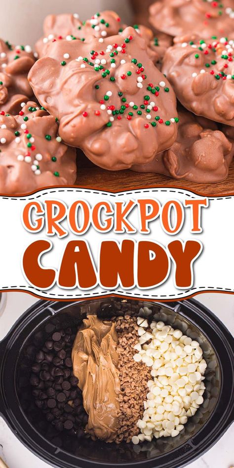 Crockpot Candy is easy to make and prepared in 5 minutes using only peanuts, 2 types of chocolate chips, peanut butter, toffee bits, and a slow cooker. This Christmas crockpot candy is a set-it-and-forget-it method and is perfect for holiday cookie exchanges and homemade Christmas gifts. Easy Christmas Treats Crockpot, Crockpot Xmas Candy, Candy Crockpot Recipes, Crock Pot Christmas Candy Recipes, Crockpot Chocolate Candy Recipes, Crockpot Cookies Christmas, Easy Party Crockpot Food, Holiday Sweets Christmas, Pecan Crockpot Candy