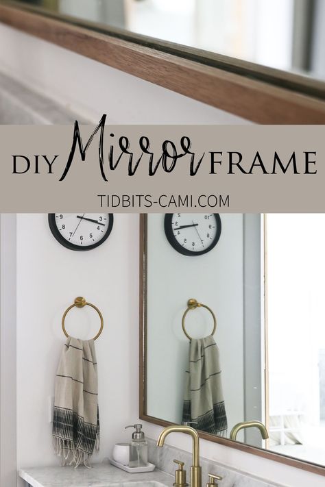 Discover this DIY wood mirror frame that saves you a ton of money and offers a beautiful custom look that just can't be bought in stores. For a relatively quick and easy DIY project, I think it made a huge impact on the design of this shared bathroom room in our pole barn house. Diy Wood Mirror, Diy Wood Mirror Frame, Diy Mirror Frame Bathroom, Wood Mirror Frame, Diy Vanity Mirror, Bathroom Mirrors Diy, Diy Trim, Mirror Frame Diy, Bathroom Mirror Frame