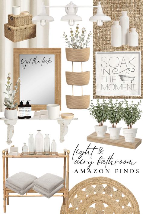 Light colored wood and white home decor from Amazon Neutral Spa Bathroom Ideas, Boho Bathroom Sink Decor, Boho Master Room Bathroom Ideas, Boho White Bathroom, Boho Aesthetic Bathroom, Small Boho Bathroom Decor, Bathroom Decor Mood Board, Beige Bathroom Accessories, Boho Bathroom Accessories