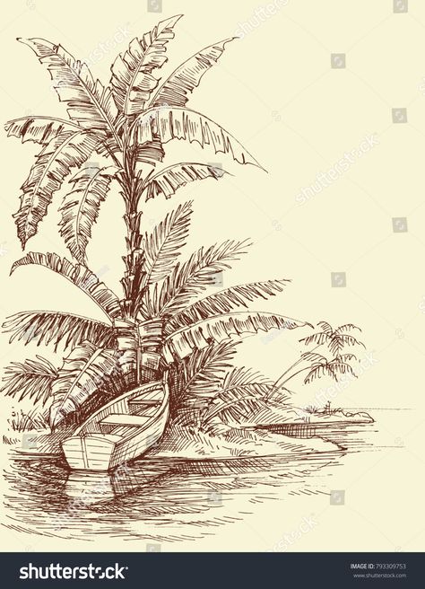 Boat on shore, tropical island drawing. Relaxation and water sports concept #Ad , #Ad, #tropical#island#Boat#shore Tropical Island Drawing, Atmosphere Drawing, Island Drawing, Jungle Drawing, Boat Tattoo, Island Artwork, Landscape Pencil Drawings, Boat Drawing, Water Tattoo