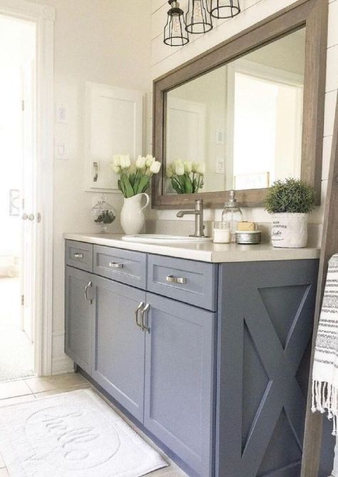 @willowbloomhome - Bathroom vanity painted Benjamin Moore Eclipse. #benjaminmooreeclipse Budget Bathroom Remodel, Farmhouse Vanity, Vanity Design, Blue Cabinets, Boys Bathroom, Budget Bathroom, Bathroom Update, Bathroom Redo, Bathroom Refresh