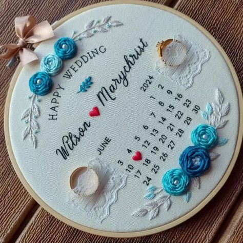 15cm calendar ring holder embroidery 🪡. 💍💙🤍 . . Available in10 and 12 inches ✨ Dm us for order 🎁 . #engagementring #gifthoops💫😍 #embroideryhoopart #handembroidery #memories💕 Embroidery Wedding Ring Holder, Embroidery Ring Holder, Engagement Embroidery Hoop, Embroidery Calendar, Embroidery Hoop Designs, Ring Holder Diy, Embroidery Ring, Basic Hand Embroidery, Engagement Ring Holders