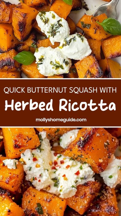 Indulge in the perfect fall comfort food with this delicious recipe for butternut squash with herbed ricotta. Roasted to perfection, the tender butternut squash pairs beautifully with the creamy and flavorful herbed ricotta mixture. This dish is a wonderful balance of sweet and savory, making it an excellent option for a cozy dinner or holiday gathering. Impress your guests or treat yourself to this mouthwatering dish that celebrates the flavors of the season. Christmas Butternut Squash Recipes, Squash And Pumpkin Recipes, Italian Butternut Squash Recipes, Mediterranean Butternut Squash Recipes, Sweet Butternut Squash Recipes, Butternut Pumpkin Recipes, Cubed Butternut Squash Recipes, Squash Puree Recipes, Baked Butternut Squash Recipes