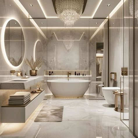 Modern Bathroom White Marble, Modern Mansion Interior Bathroom, Light Bright Bathroom Ideas, Modern Bathroom Ideas With Bathtub, White Marmor Bathroom, Luxury Modern Penthouse, Expensive Bathrooms Luxury, Luxury Bathroom Design Master Baths, Luxury Bathroom Master Baths Modern Interior Design