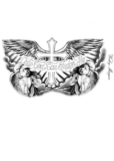 Cross With Wings Chest Tattoo, Chest Tattoo Men Sketch, Shoulder Piece Tattoos Men, Shoulder Tattoo For Guys, Full Chest Tattoo Men Ideas Unique, Chest Piece Tattoo Men Design, Chest Tattoo Angel, Chest Tattoo Writing, Psalm Tattoo