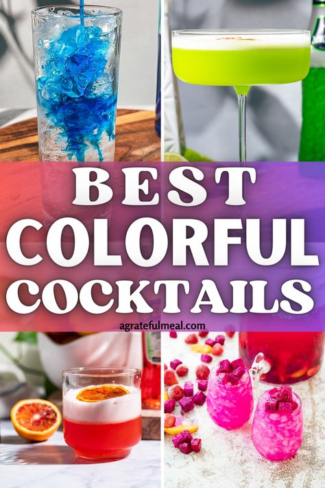 Fancy Fruity Cocktails, Color Cocktails Drinks, Color Themed Cocktails, Coloured Cocktail Party, Colorful Drinks Aesthetic, Rainbow Cocktail Party, Color Theme Cocktail Party, Mario Themed Alcohol Drinks, Neon Alcoholic Drinks