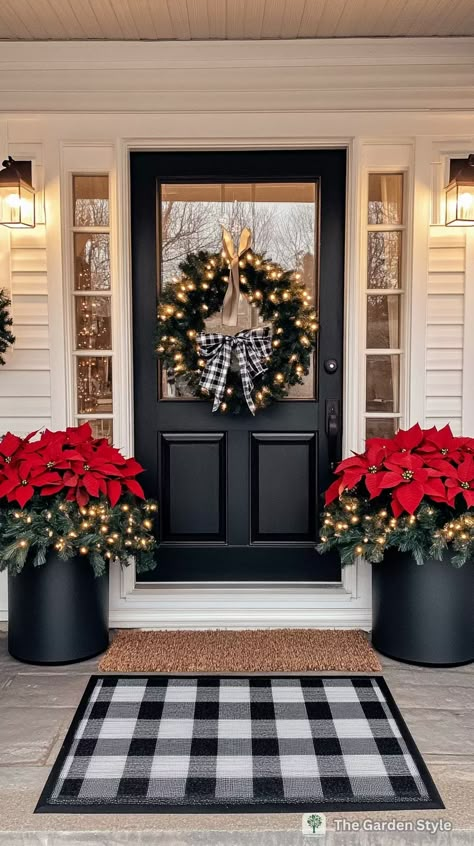 Cozy and Creative Christmas Porch Decorating Ideas on a Budget - The Garden Style Christmas Planters Outdoor, Red Christmas Decor Ideas, Christmas Porch Decorating Ideas, Porch Decor Christmas, Poinsettia Decor, Outdoor Christmas Planters, Christmas Outside, Planters Outdoor, Decorating Ideas Christmas