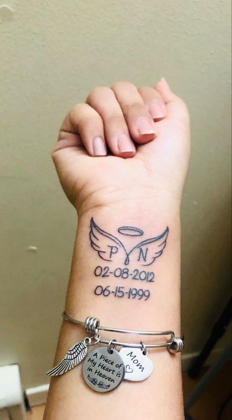 Simple Memory Tattoos, Son Tribute Tattoo Mom, Small Memorial Tattoos For Two People, Dates Tattoo Ideas Memories, Wrist Tattoos In Memory Of Loved Ones, Tattoo Ideas In Memory Of Grandparents, Memorial Tattoo For Both Parents, Memory Of Mother Tattoo, Wrist Tattoos For Passed Loved Ones