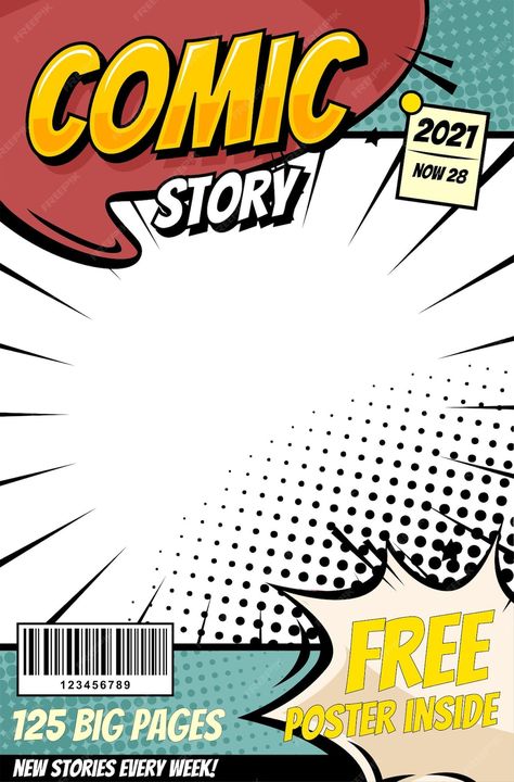 Premium Vector | Comic pop art cartoon cover magazine template Comic Style Aesthetic, Comic Ads Design, Comics Poster Design, Comic Strip Poster, Comics Cover Design, Comic Book Cover Design, Comic Design Ideas, Comic Aesthetic Pop Art, Art Magazine Cover Design