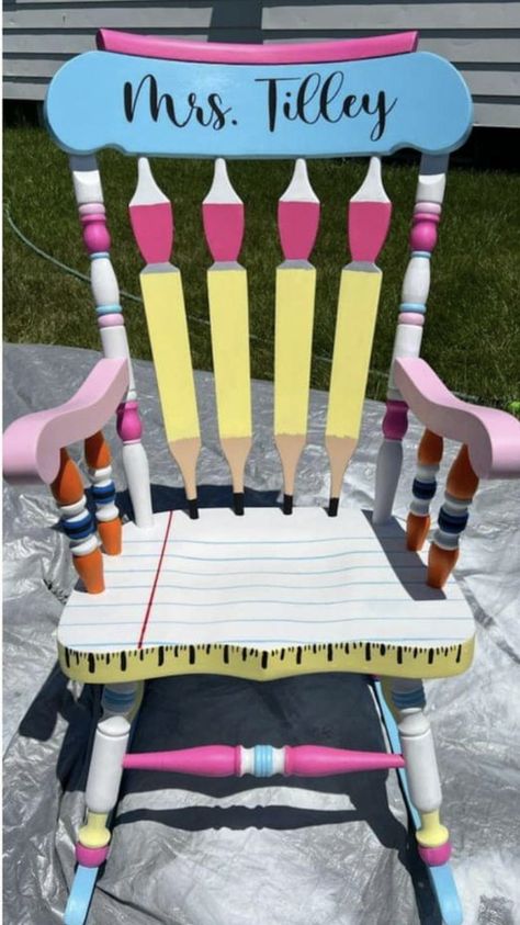 Painted Teacher Chair Classroom, Classroom Rocking Chair Teachers, Teacher Painted Chair, Teacher Stools Painted Diy, Teacher Rocking Chair Painted, Painted Teacher Stool, Classroom Rocking Chair, Teacher Rocking Chair, Teacher Art Projects