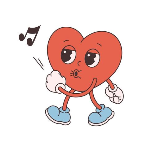 Retro Heart Cartoon, Heart Cartoon Character, Heart Character Illustration, 1960s Cartoon Style, Retro Cartoon Character Design, Cartoon Heart Tattoo, Cartoon Ideas Character Design, 90s Illustration Retro, 60s Cartoon Style