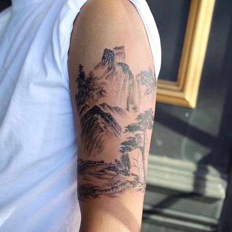 Samurai Fine Line Tattoo, Japanese Scenery Tattoo, Asian Mountain Tattoo, Fine Line Japanese Tattoo, Japanese Mountain Tattoo, Mt Fuji Tattoo, Ca Tattoo, Moutain Tattoos, Scenery Tattoo