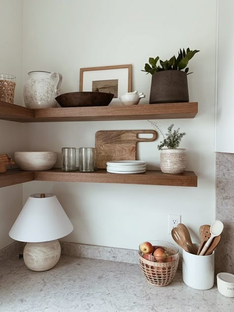 Buffet Shelves Above, Open Shelve Decor Kitchen, How To Style Floating Shelves Dining Room, Wooden Floating Shelves In Kitchen, Wallpaper Behind Floating Shelves Kitchen, Styling Open Bar Shelves, Mcgee And Co Kitchen Shelves, Staging Open Kitchen Shelves, Floating Shelf Styling Kitchen