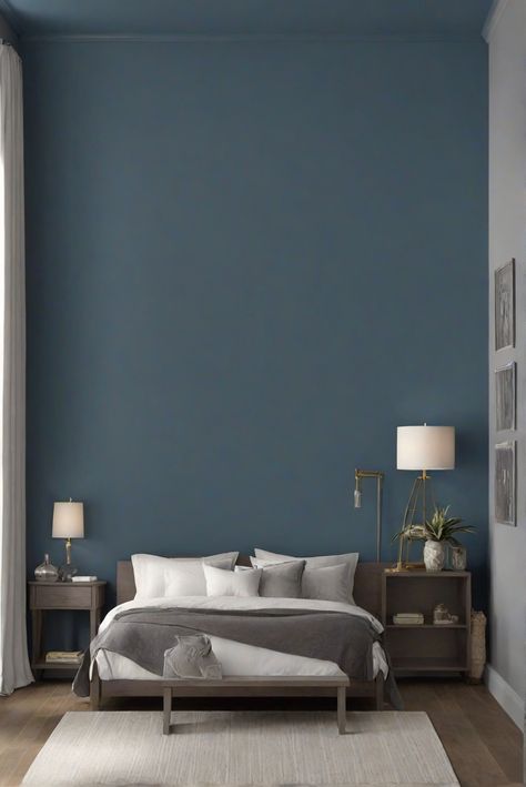 blue gray paint, charcoal blue paint, trendy bedroom paint, bedroom color scheme Bedroom Paint Colors For Men, Charcoal Blue Bedroom, Light Modern Bedroom, Bedroom Charcoal, Trendy Paint Colors, Male Bedroom, Male Bedroom Ideas, Bedroom Lighting Design, Bedroom Lighting Ideas