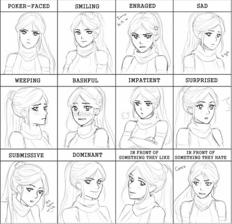 Bashful Expression Reference, Awestruck Expression, Emotions Sketch, Facial Expressions Drawing, Expression Sheet, Different Expressions, Girl Face Drawing, Drawing Face Expressions, Lazy Person