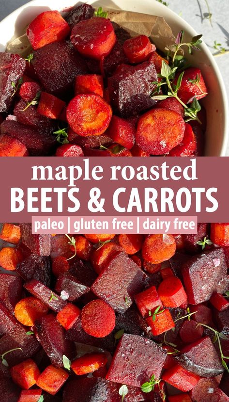 These maple roasted beets and carrots are a healthy dinner side dish packed with flavor. This recipe is made with thinly sliced beets and carrots that are coated in maple syrup and cinnamon, baked in the oven and then topped with flaked salt and fresh thyme. These baked beets and carrot are paleo friendly, gluten free and dairy free. Beets In Oven Recipe, Best Beets, Sweet And Sour Beets Recipe, Christmas Beets Recipe, Maple Roasted Beets And Carrots, Roasted Beets And Carrots With Feta, Beets Carrots Recipe, Roasted Carrots And Beets Oven, Carrot Baked Recipes