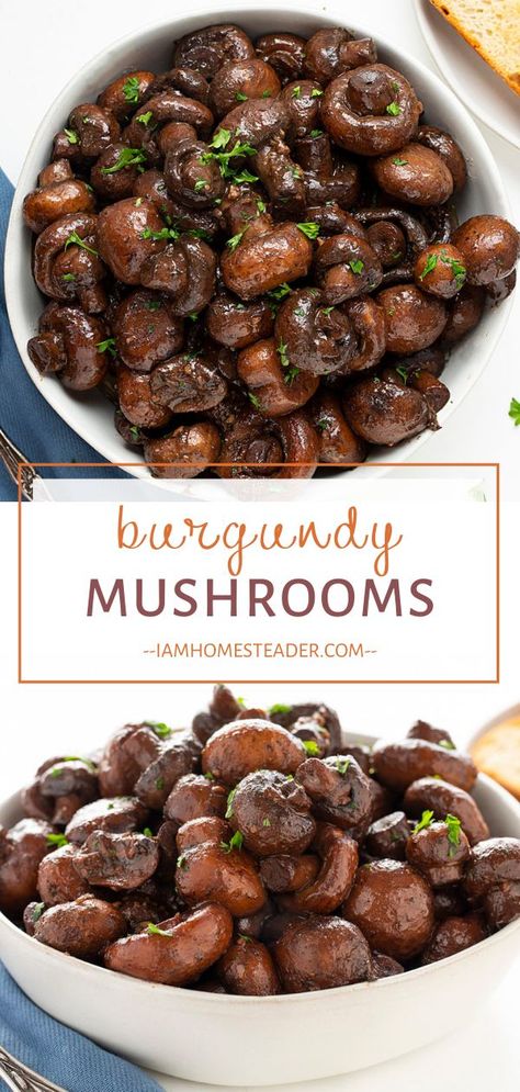 Burgundy Mushrooms, Mushroom Wine Sauce, Mushroom Side Dishes, Red Wine Recipe, Mushroom Dish, Thanksgiving Dinner Menu, Steak And Mushrooms, Red Wine Sauce, Menu List