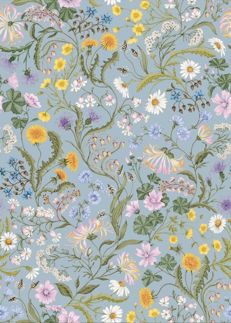 The Lost Garden wallpaper in coastal blue is a romantic design featuring an intricate floral arrangement.  10m x William Kilburn, Chintz Wallpaper, Illustrated Wallpaper, Chintz Pattern, Lost Garden, Printable Postcards, Garden Wallpaper, Postcard Template, Wallpaper Patterns