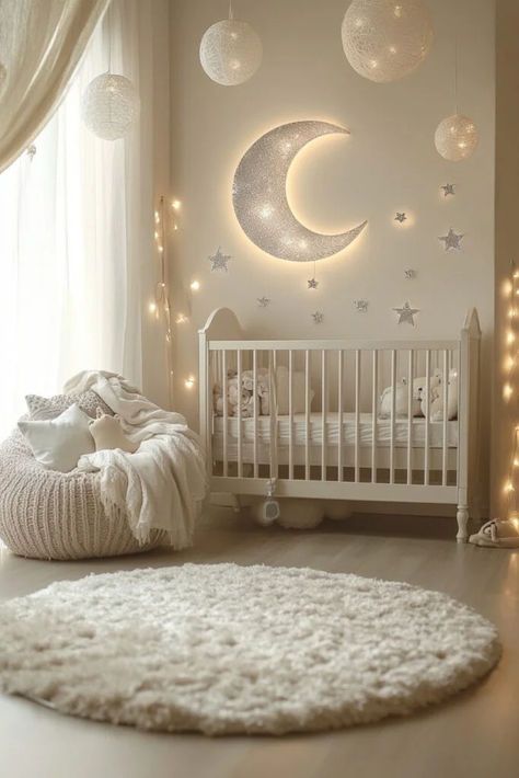 Dreamland Nursery Theme, Cute Simple Nursery Ideas, Wish Upon A Star Nursery, Dream Theme Nursery, Baby Nursery Themes Girl, Baby Room Color Ideas, Baby Room Themes Girl, Moon And Stars Baby Nursery, Baby Girl Room Ideas Themes