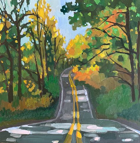 Fall Country Road / Erika Lee Sears Road Drawing, Road Painting, Minimal Painting, Gouache Art, Landscape Art Painting, Autumn Painting, Autumn Landscape, Ethereal Art, Painting Art Projects