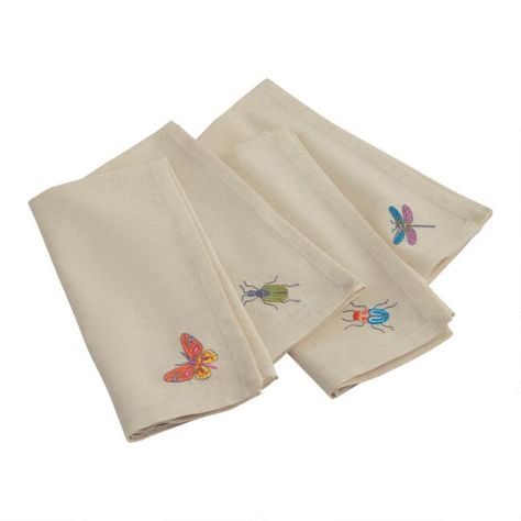 White Cotton Embroidered Bug Napkins | World Market Future Decor, Interior Design Dining, Design Dining Room, Interior Design Dining Room, Spring Forward, Spring Table, Cotton Napkins, World Market, Cloth Napkins