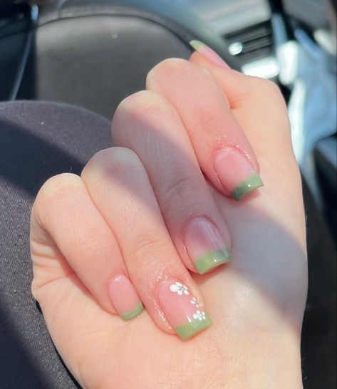 Save Green French Tips, Sage Green Nails Design Square, Sage Green French Tip Nails With Flowers, Green Tip French Manicure, Nails For A Sage Green Dress, March Nail Inspo Aesthetic, Green French Nails With Flowers, Ivory Green Nails, Green Tip Nails Square