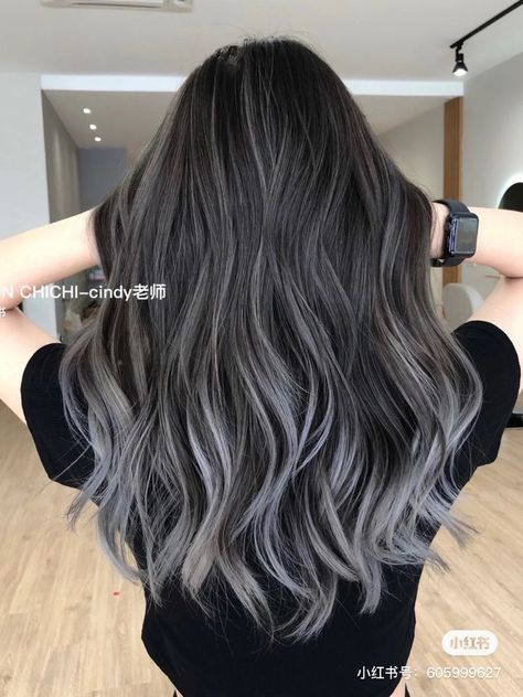 Slate Sophistication: Elegant Grey Hair Transformations Black Gray Balayage, Grey Toned Balayage, Asian Silver Hair Balayage, Black Hair With Dark Grey Balayage, Dark Hair Silver Balayage, Long Hair Babylights, Balayage Hair Grey Silver Dark Roots, Black And Gray Balayage, Black Gray Hair Balayage