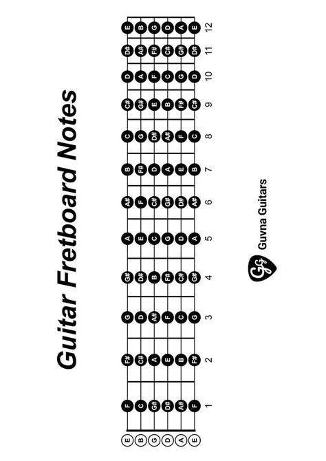 Printable Guitar Fretboard Notes Chart (.pdf) Basic Chords Guitar, Guitar Fretboard Notes, Basic Guitar Chords Chart, Guitar Notes Chart, Learn Electric Guitar, Fretboard Notes, Acoustic Guitar Notes, Electric Guitar Chords, Basic Guitar Chords