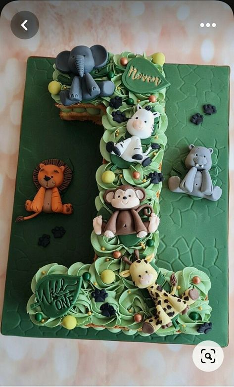 1st Birthday Jungle Cake, Safari Birthday 1st Birthday, Safari Animals Birthday Party, Cake In Shape Of 1, Two Wild Number Cake, Wild One Cakes First Birthdays, Wild One Jungle Cake, 1 Year Birthday Jungle, Wild One Number Cake