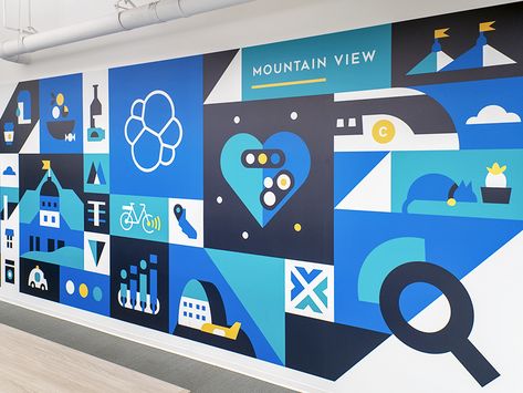 Office Mural - Mountain View by Christine Gan Restaurant Environmental Graphics, Office Wall Graphics Design, Office Walls Design, Wall Mural Illustration, Office Wall Illustration, Mural Illustration Wall, Office Mural Ideas, Retail Mural, Corporate Office Wall Graphics